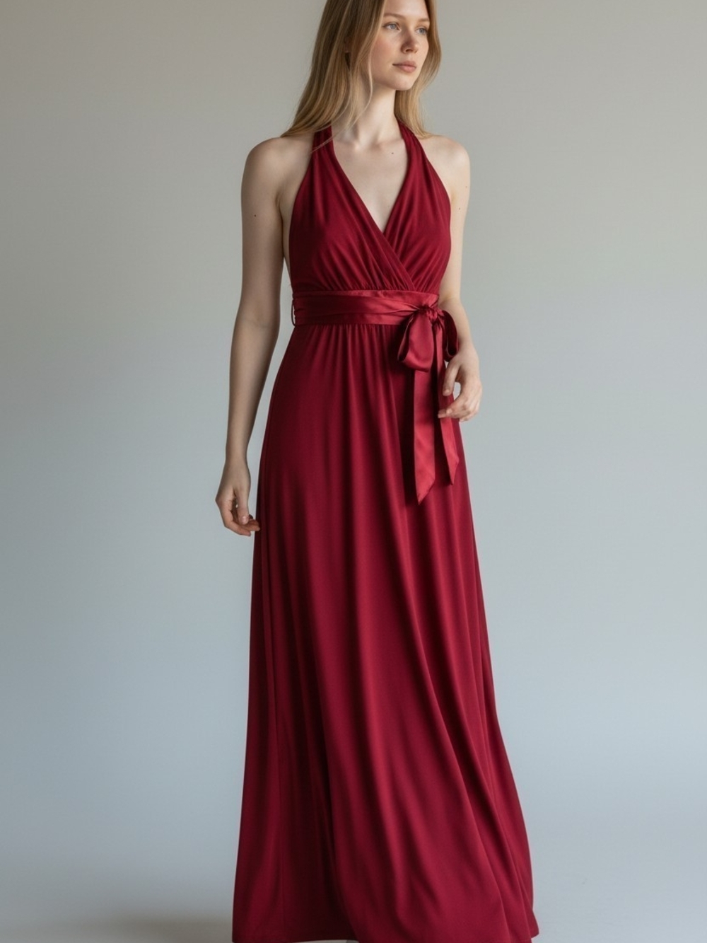 Jessica Howard Redish Halter Maxi Dress with Satin Waist Tie Nwot